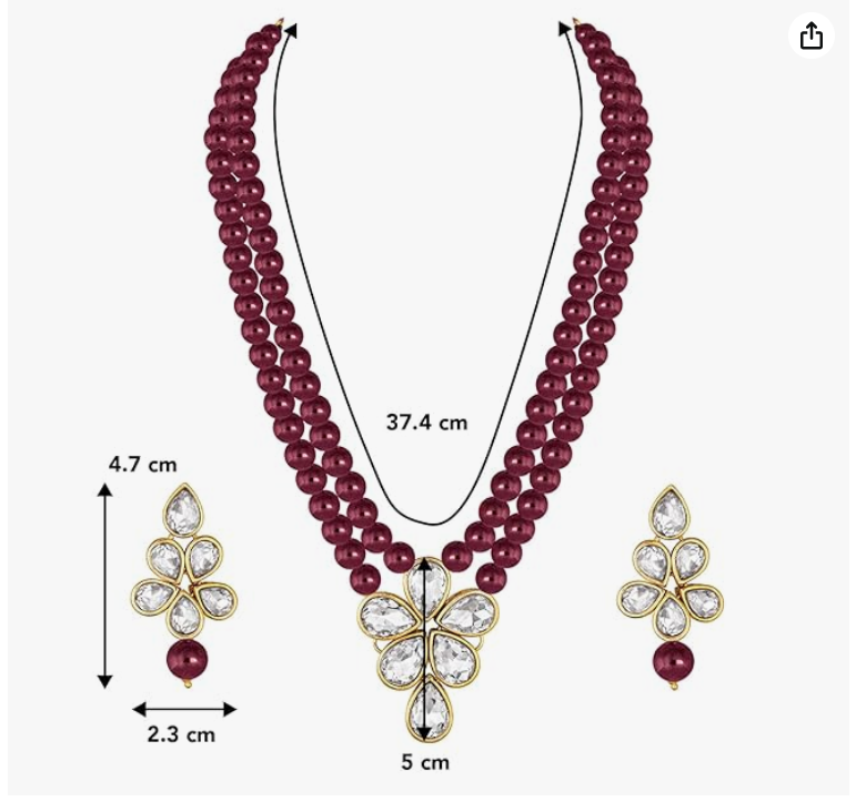 Paxlora pearl necklace set with matching jhumka earrings and dimensions details