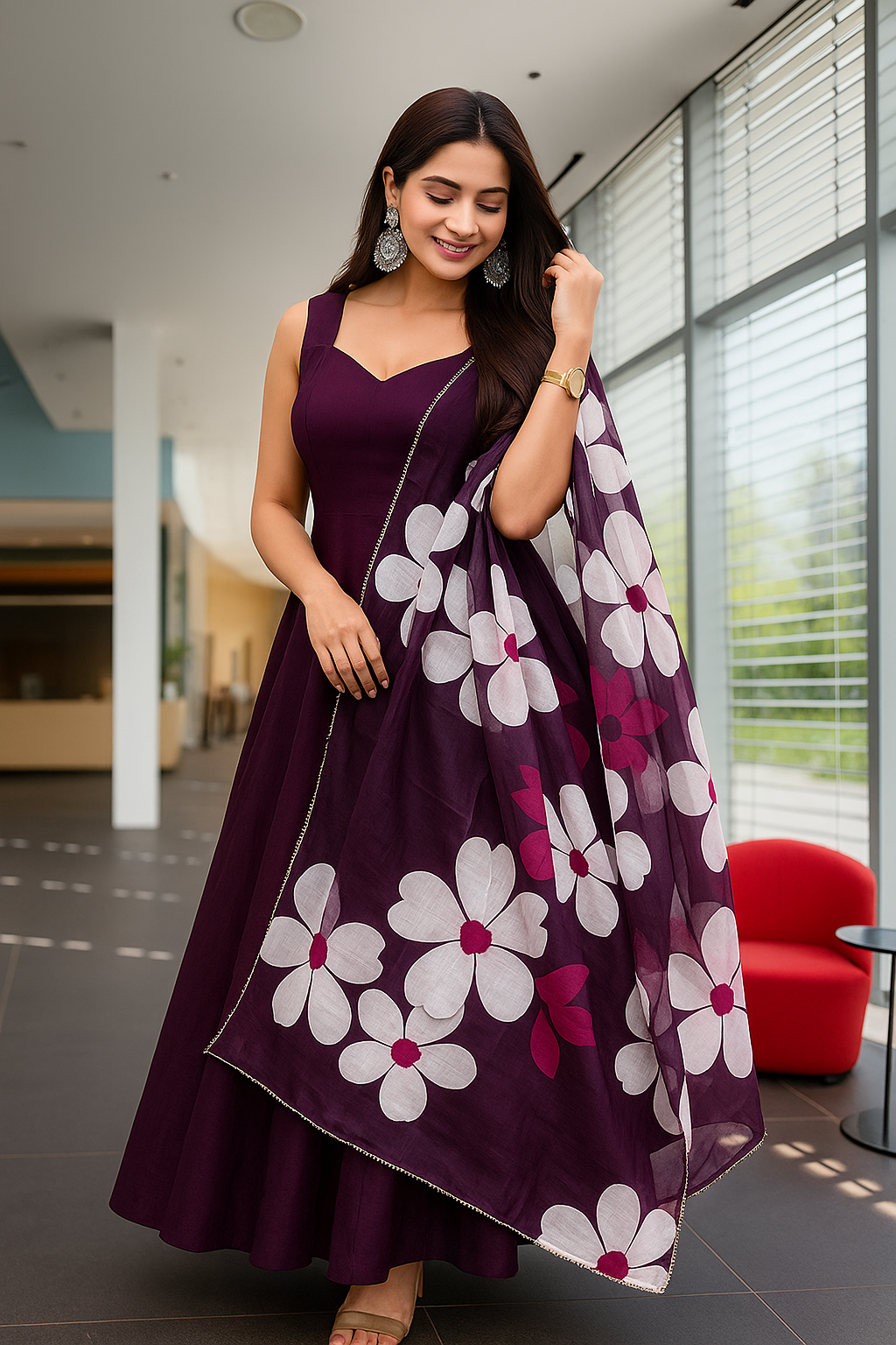 In - Door Dress with Floral Dupatta